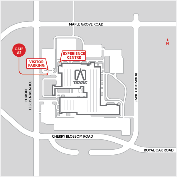 Graphic showing the location of the visitor parking lot and Experience Centre at TMMC