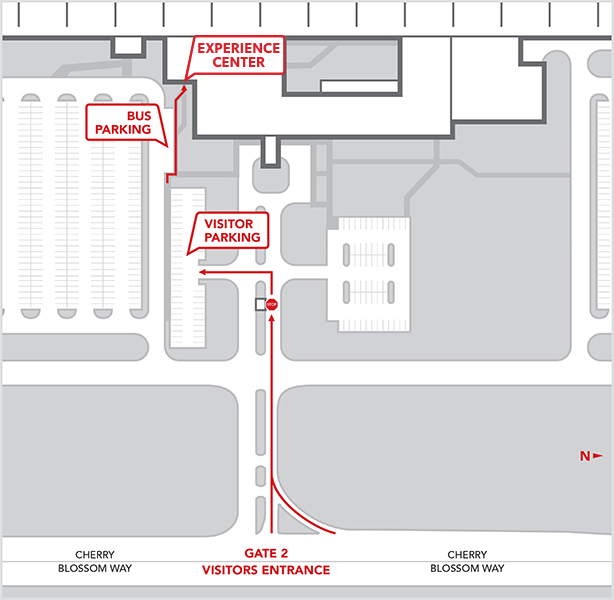 Graphic showing the location of the visitor parking lot and Experience Centre at TMMK